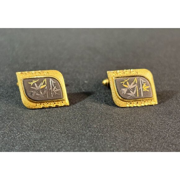 Vintage Amita Japan Damascene Bamboo Leaf Gold Cufflinks Kyoto - Picture 1 of 6